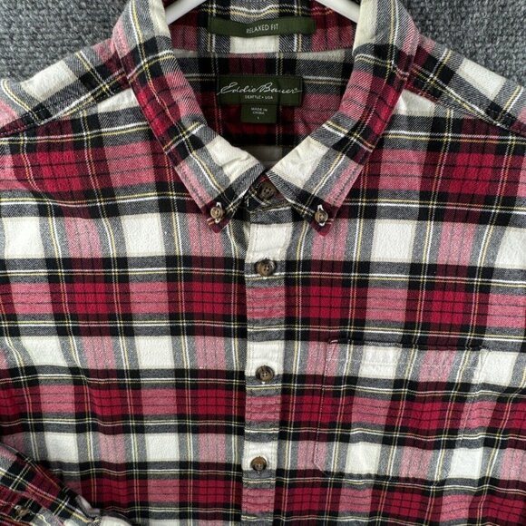 Eddie Bauer Flannel Shirt Size Large Relaxed Fit Red Plaid Long Sleeve Button Up - Picture 1 of 11